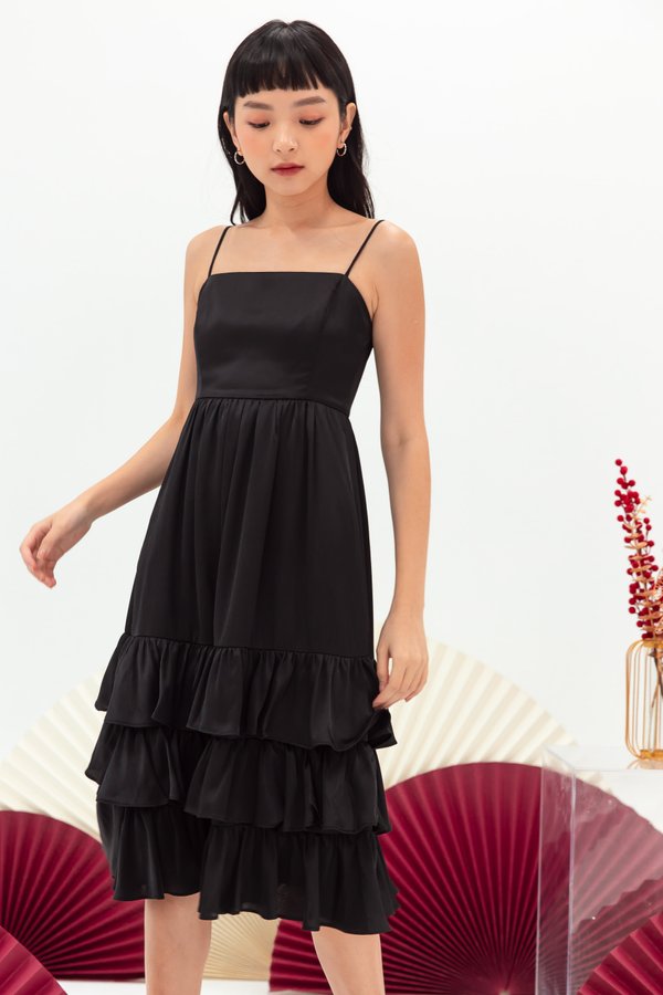 Ariel Ruffle Midi Dress in Black