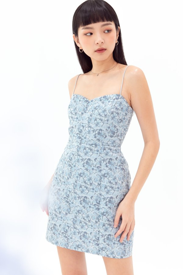 Kaylene Jacquard Floral Mini Dress Romper in Powder Blue