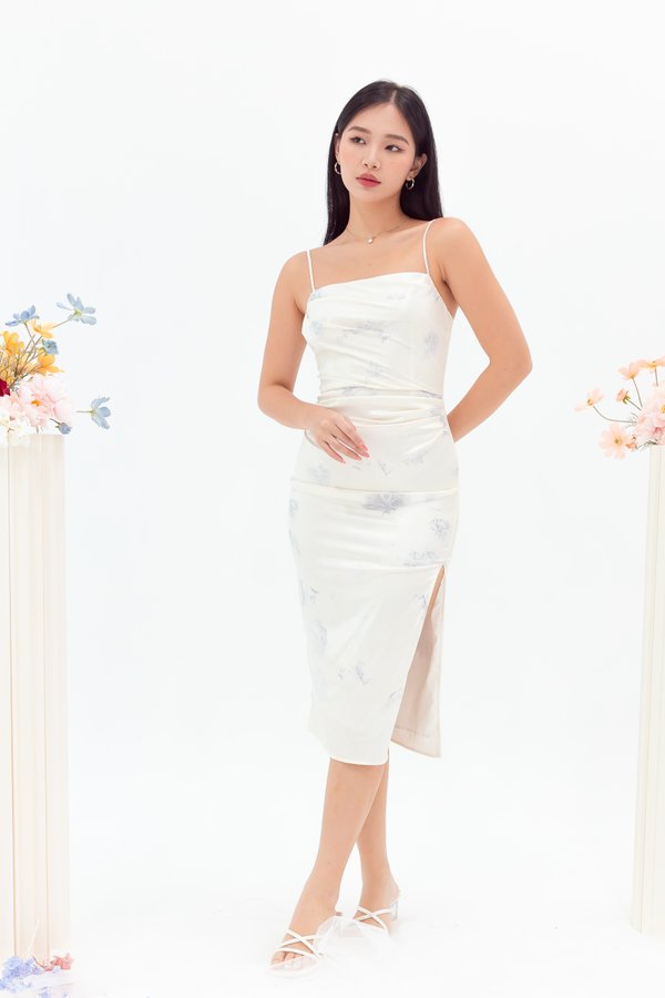 Aubree Printed Satin Midi Dress in Pearl White