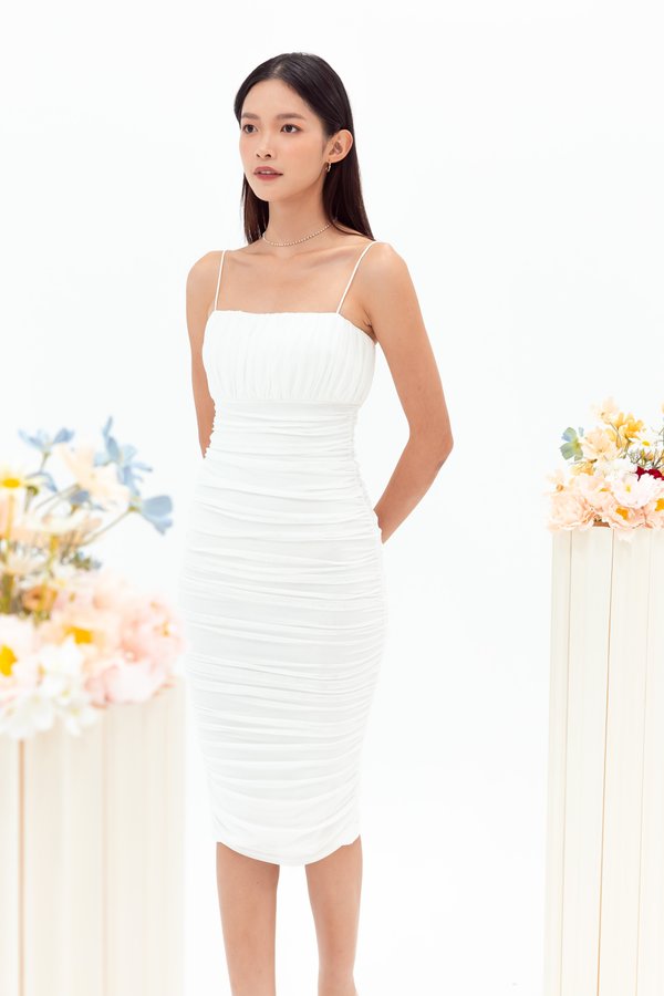 Flora Mesh Midi Dress in White