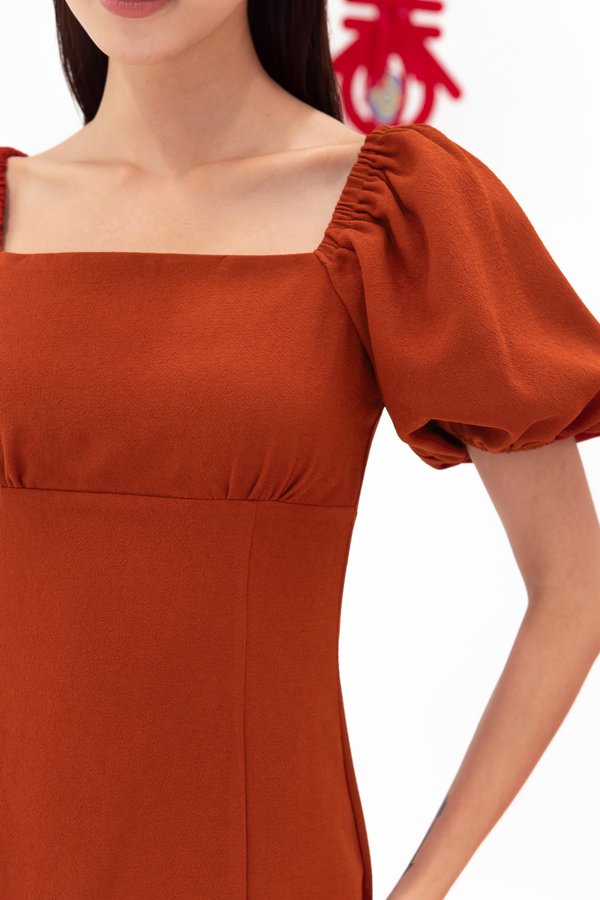 Adalia Bubble Sleeve Mini Dress in Burnt Orange