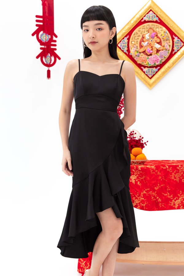 Louisa Satin Ruffle Midi Dress in Black
