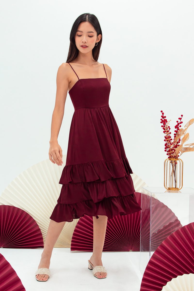 Red ruffle clearance midi dress