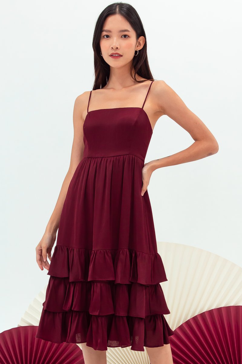 Maroon ruffle dress sale