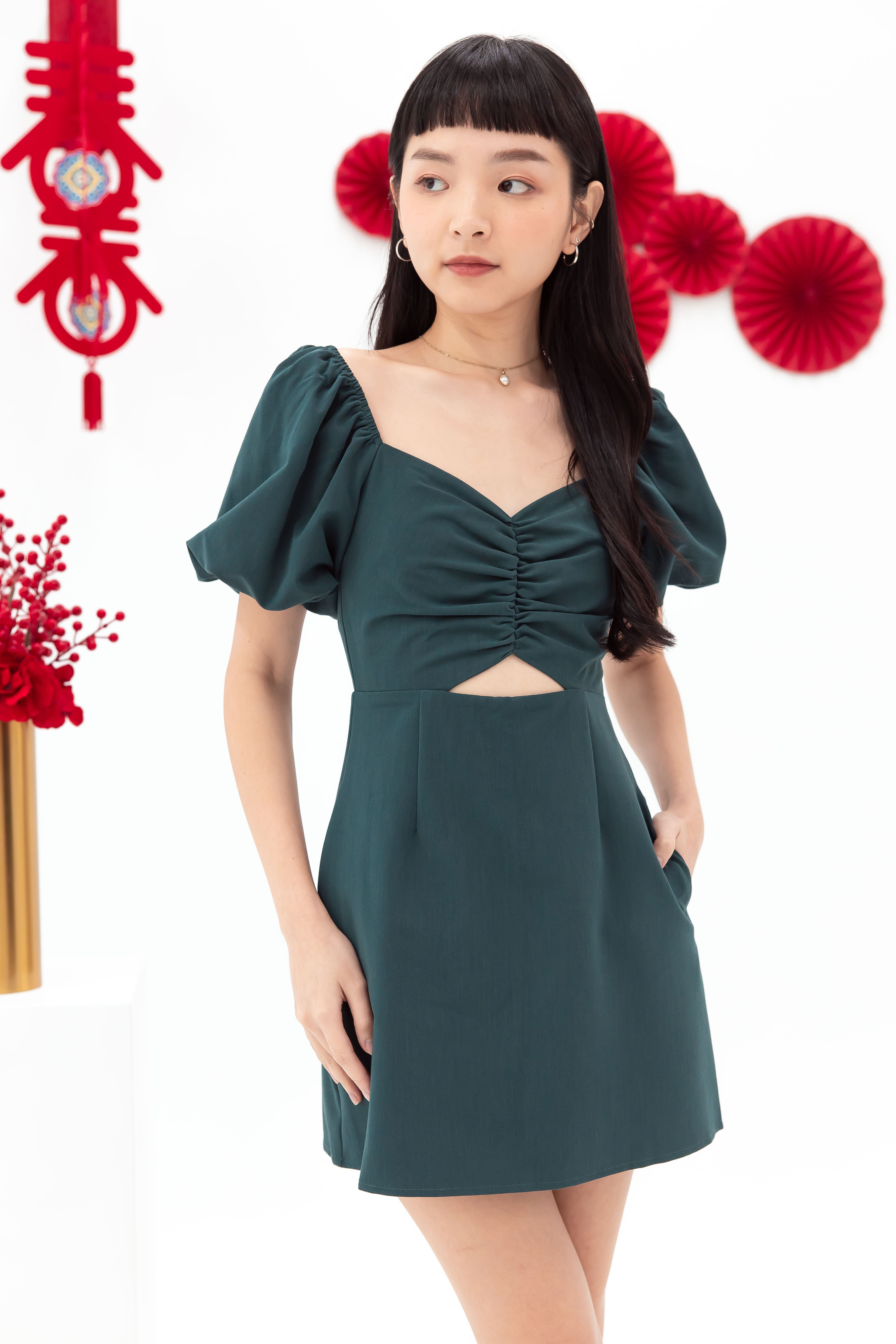 Zara Cutout Bubble Sleeve Dress Romper in Emerald Mikayla